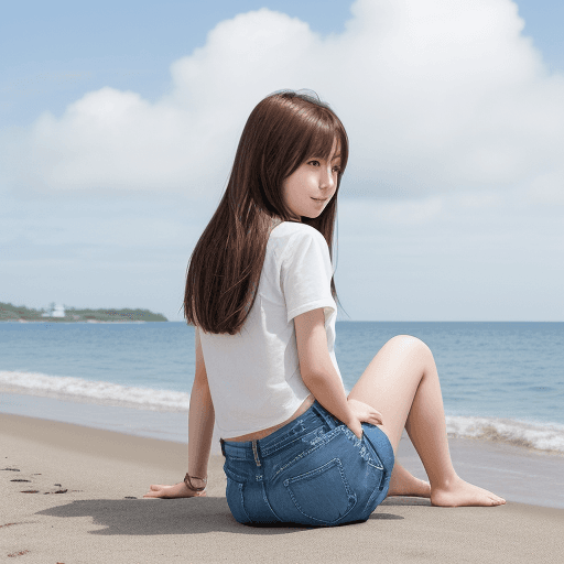 AI generated: high resolution, japanese Girl, long brown hair, wearing blue jeans shorts, sitting on a beach by th...