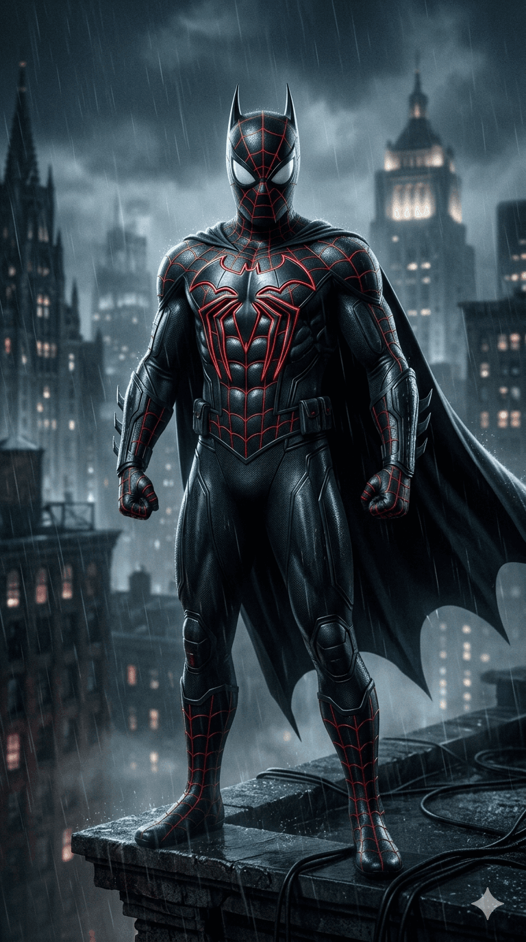 AI generated: A hybrid superhero character combining the essence of Spider-Man and Batman. The head features Batma...