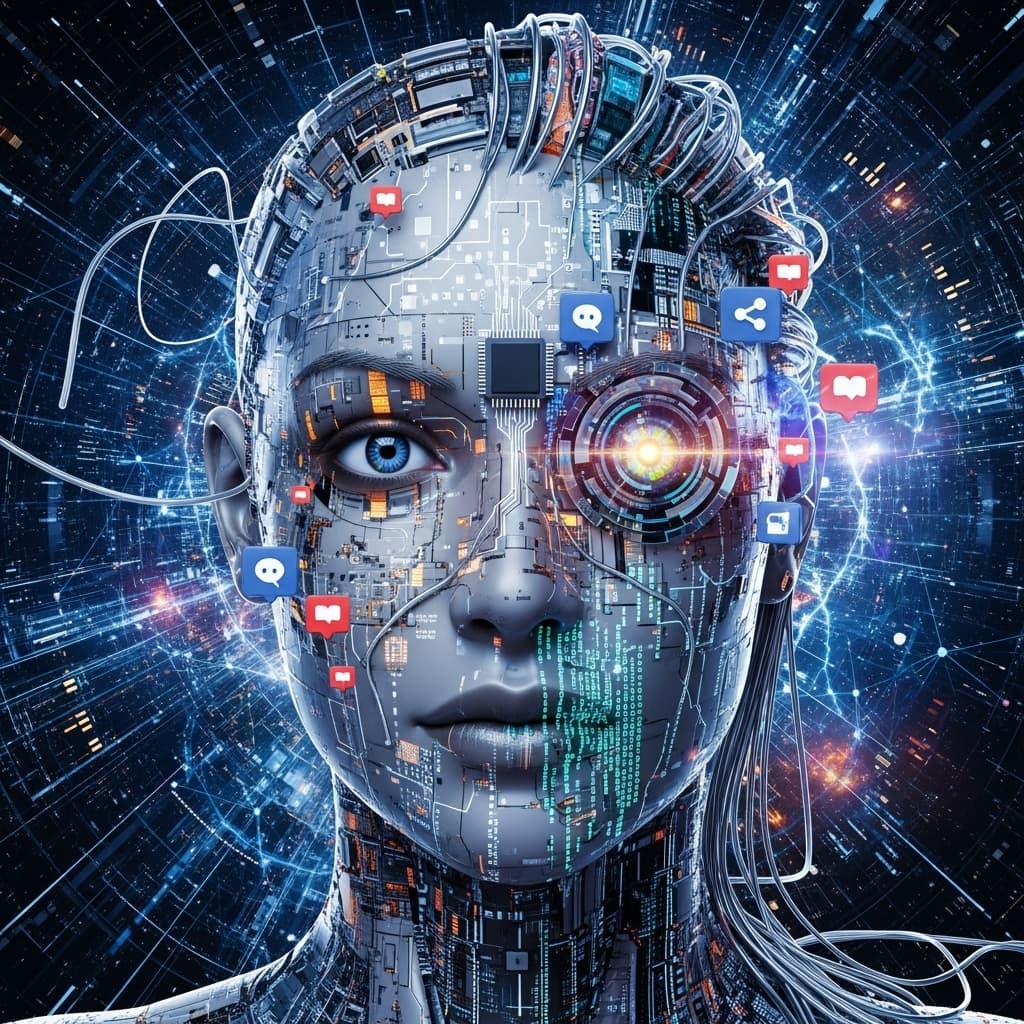 AI generated: i want a humanoid design with a man intricate face detailing: featuring only the headshot living in ...