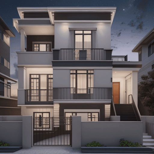 AI generated: 3 story residential house front exterior design, 24x40 size row house, modern look, use night lights...