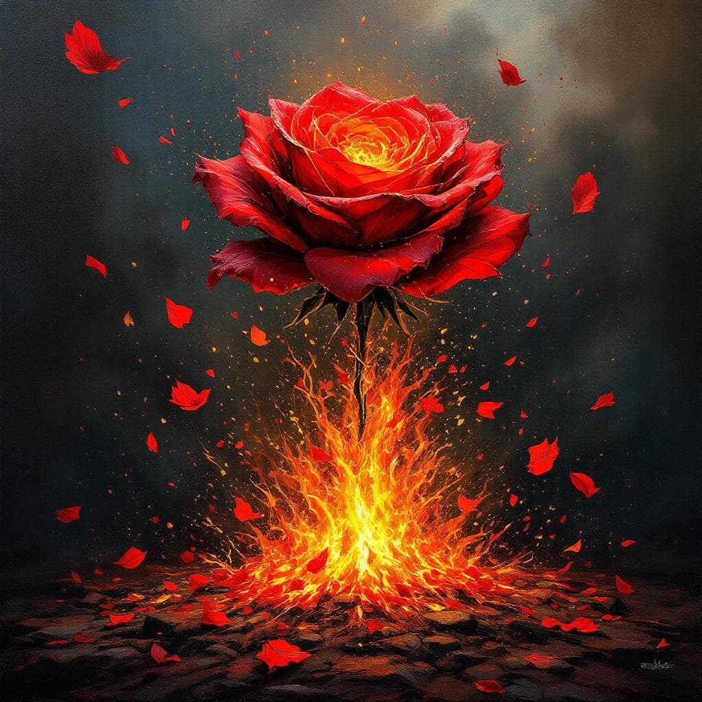 AI generated: A fiery crimson rose with golden embers erupting from scorched ground. Petals burn into the air, and...