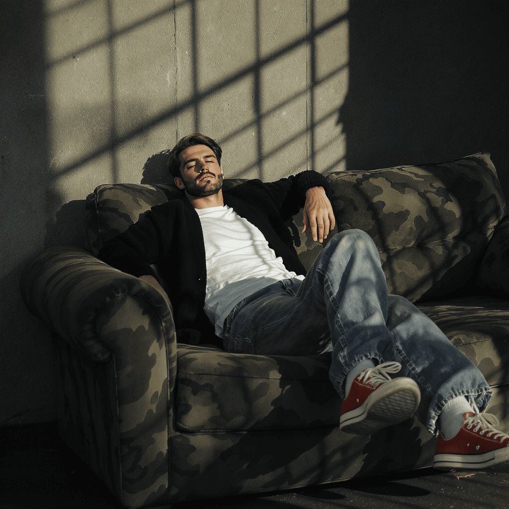 AI generated: photography, magazine cover,  Extreme Long Shot, tilt shot, male model lounging on a worn camouflage...