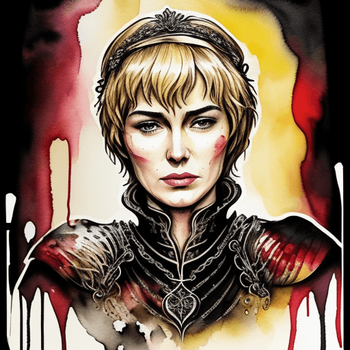 AI generated: Cersei Lannister, Hand-Drawn, Ink, Watercolor, Dripping Paint, Splatter Paint