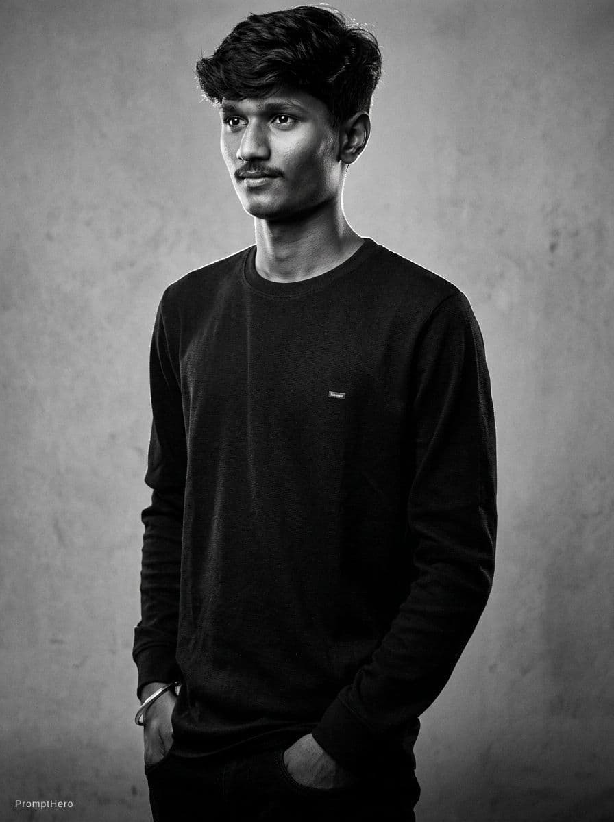 AI generated: black and white photography, fashion editorial, a close up portrait of the model (keep same face sha...