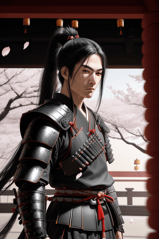AI generated: Young male samurai with long black hair and ponytail, wearing samurai armor, standing in a Japanese ...