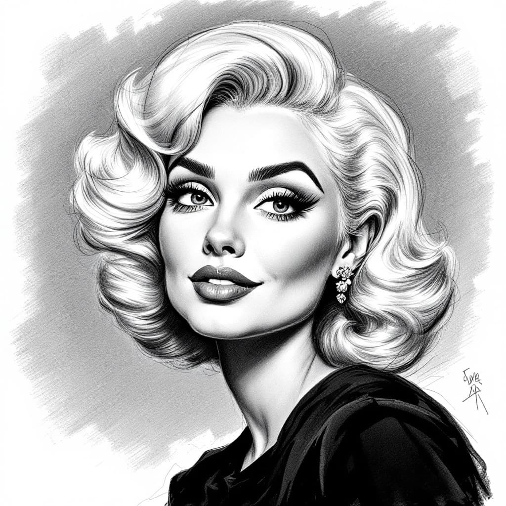 AI generated: Generate a detailed caricature sketch of a celebrated 1950s-style actress with iconic features, char...