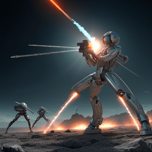 AI generated: 50 caliber machine gun firing off hundreds of rounds being held by a bright silver cyborg across a v...