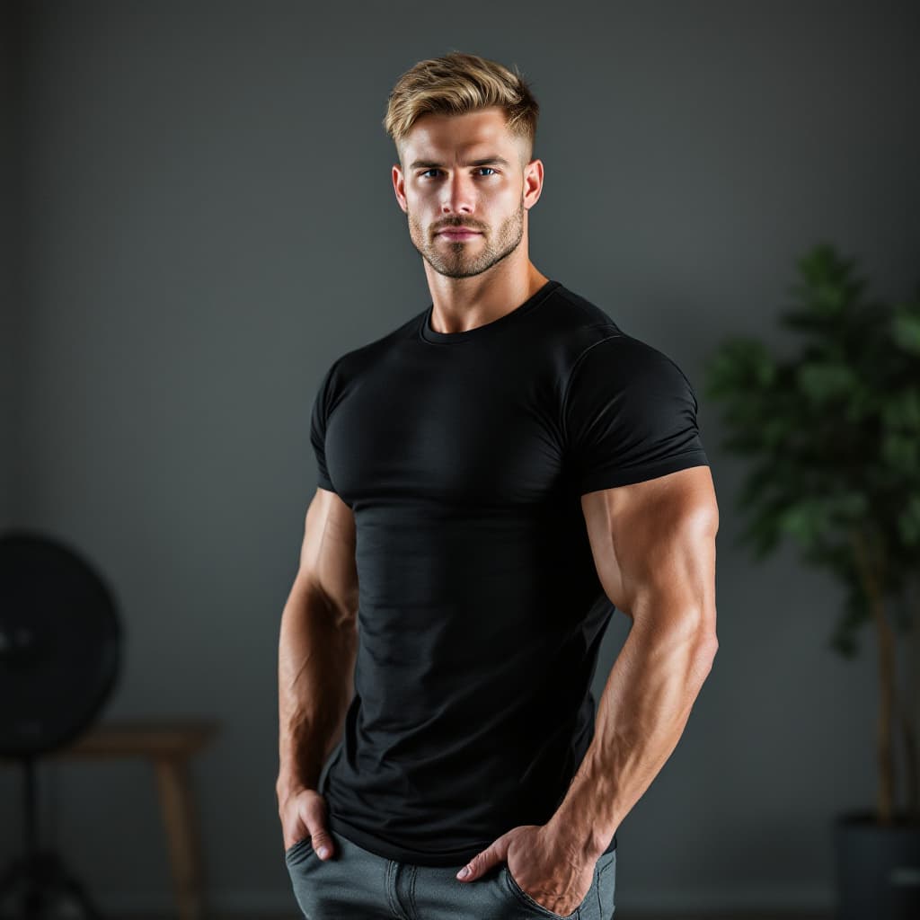 AI generated: Studio image of a 25-year-old white American man, muscular build, light blonde hair, premium black s...