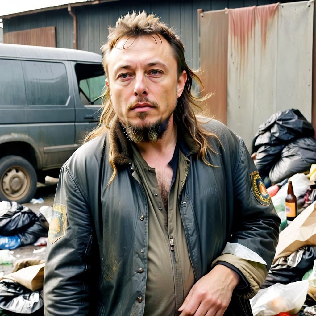 AI generated: elon musk, (homeless:1.3), (hangover alcoholic:1.3), old, (dirty long beard:1.1), (dirty:1.1) hair, ...