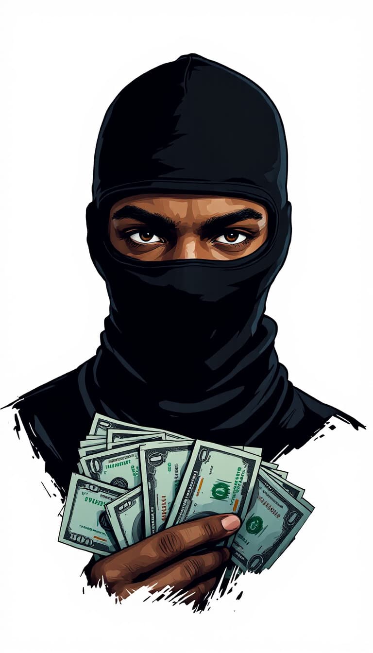 AI generated: a digital art illustration of a black man wearing a black balaclava, He is holding a stack of $100 u...