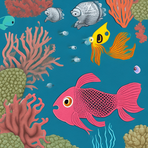 AI generated: 2D image of a deep sea diver underwater, fish and corals, and sea weed.