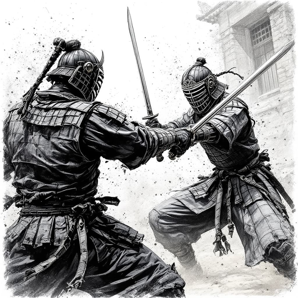 AI generated: Drawing of kendo fighters fighting