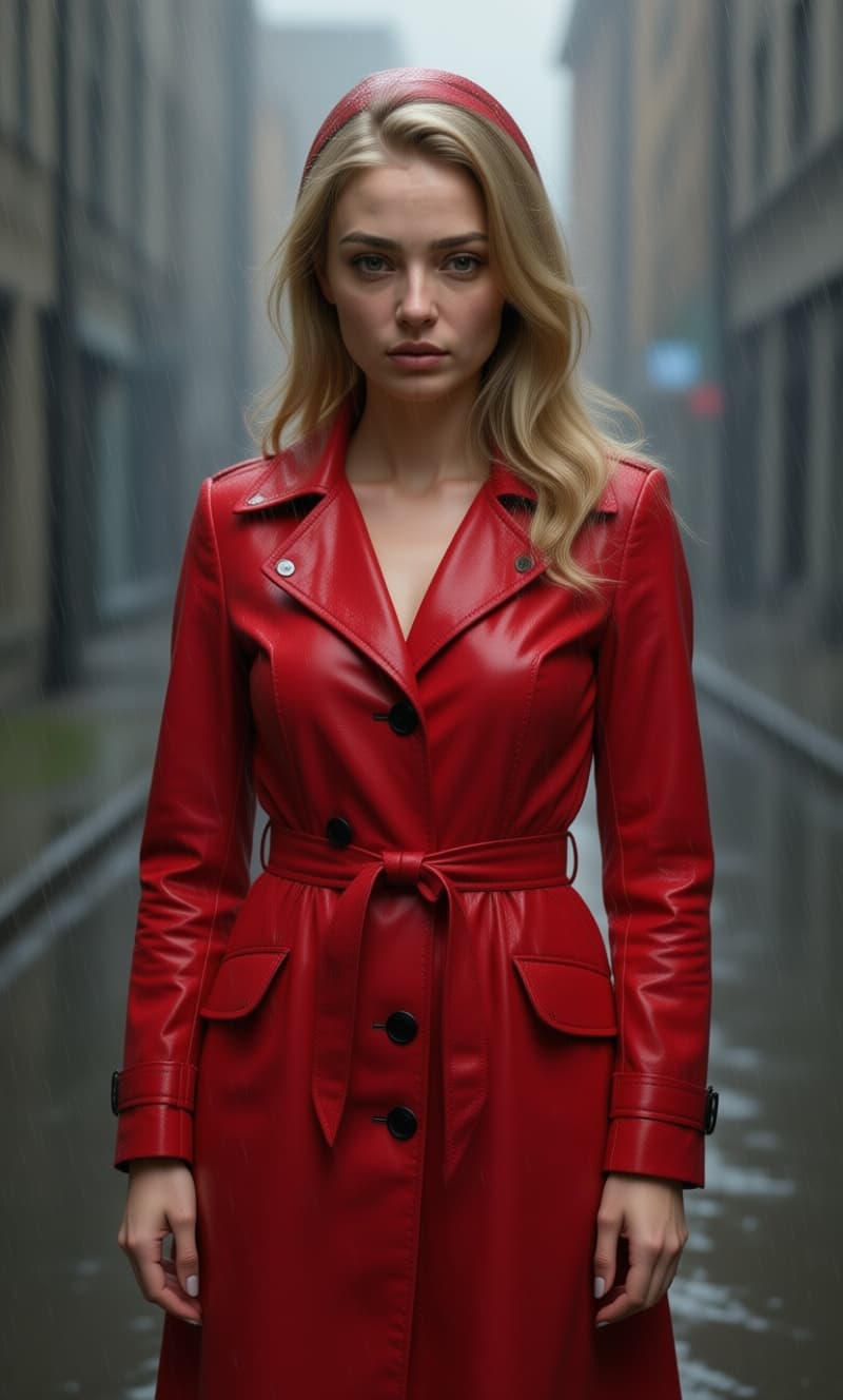 AI generated: a woman in a red raincoat standing in the rain, a photorealistic painting by Hedi Xandt, featured on...