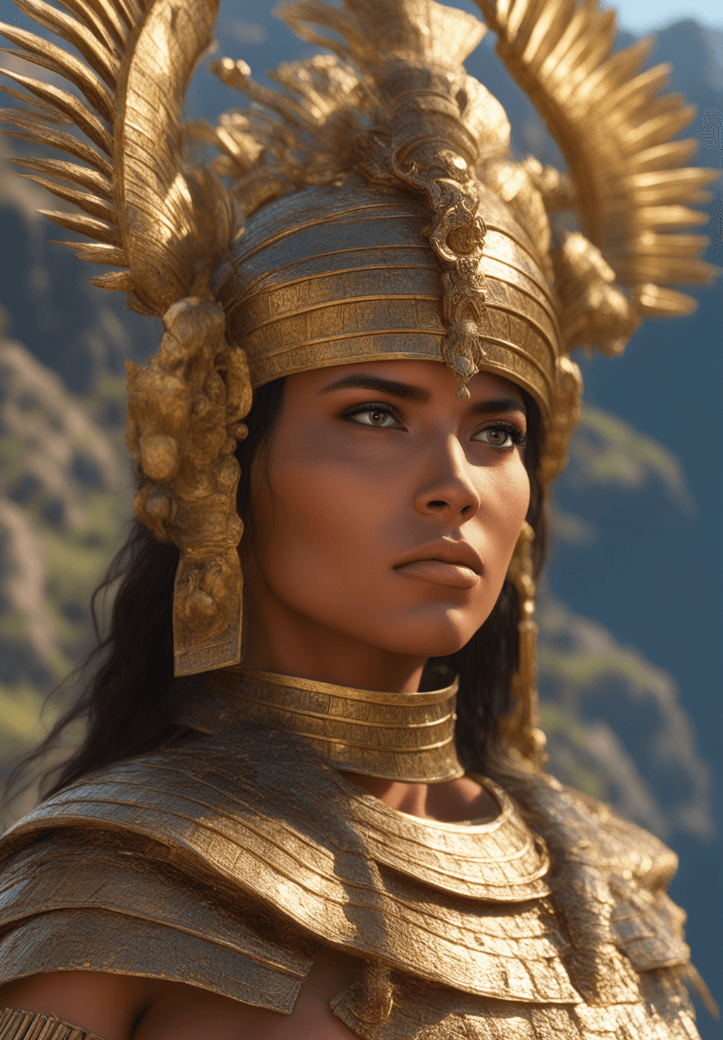 AI generated: Very sexy young beautiful woman, Inca warrior princess, dressed in gold armor with embossed figures ...