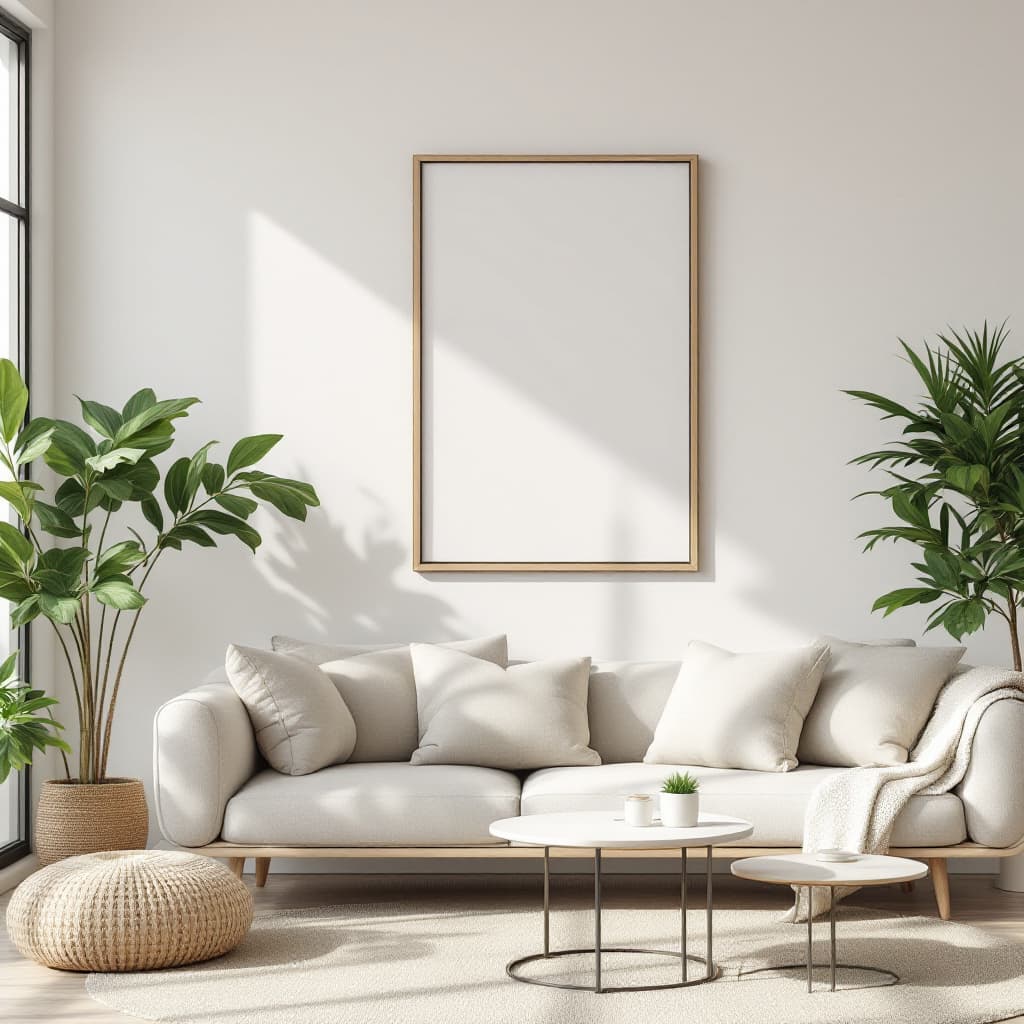 AI generated: A realistic, minimalistic living room with modern furniture in neutral tones, complemented by lush, ...