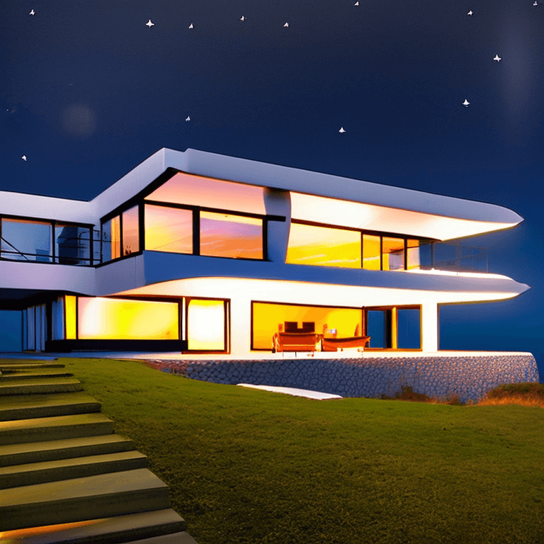 AI generated: Hyper realistic eye level exterior photo of a futuristic century modern style house overlooking the ...