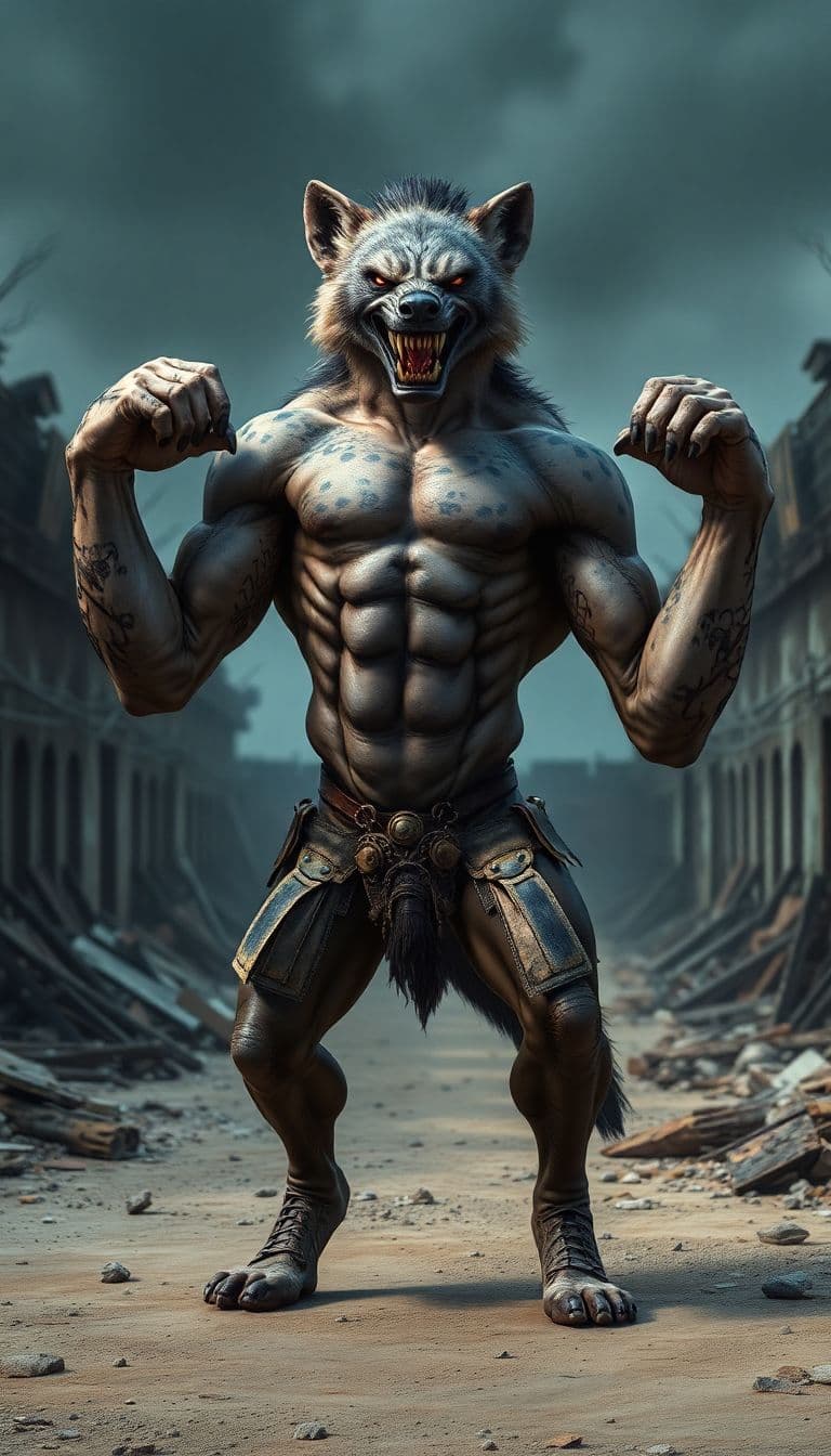 AI generated: A savage humanoid hyena with ultra-ripped muscles, dark spotted fur, and a sinister grin, standing i...