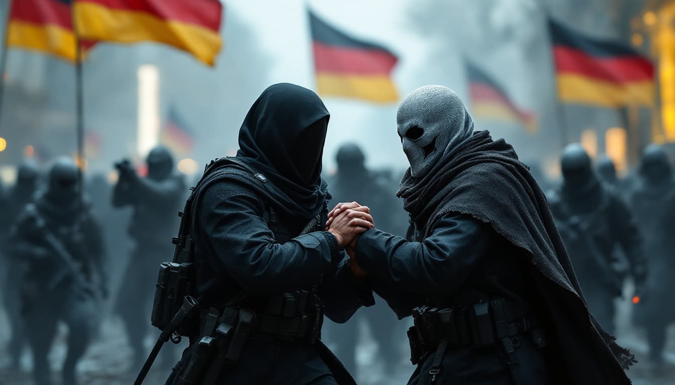 AI generated: Modern scene of Christians and Muslims fighting together and hand in hand against evil terrorists, G...