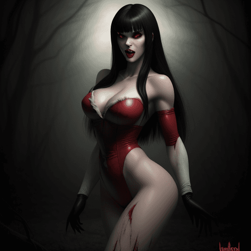 AI generated: 
Vampirella Ella Normandy from Warren Publishing, beautiful charismatic girl, athletic body, gorgeou...