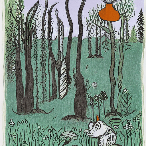 AI generated: celebratory mysterious forest : : Tove jansson illustrations style