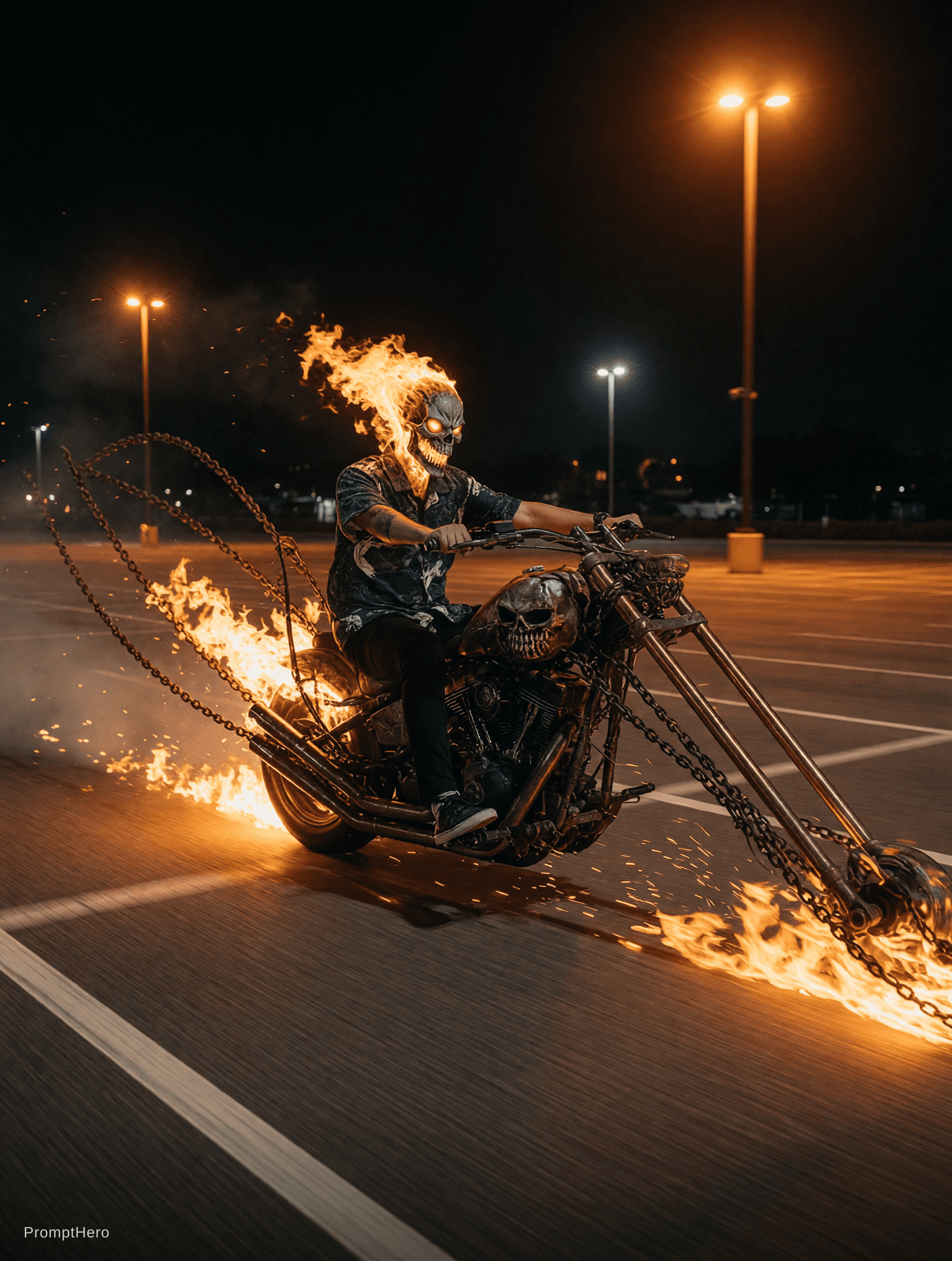 AI generated: Ghostrider's stretched flaming skull and chains motorcycle in an empty parking lot at night driving ...