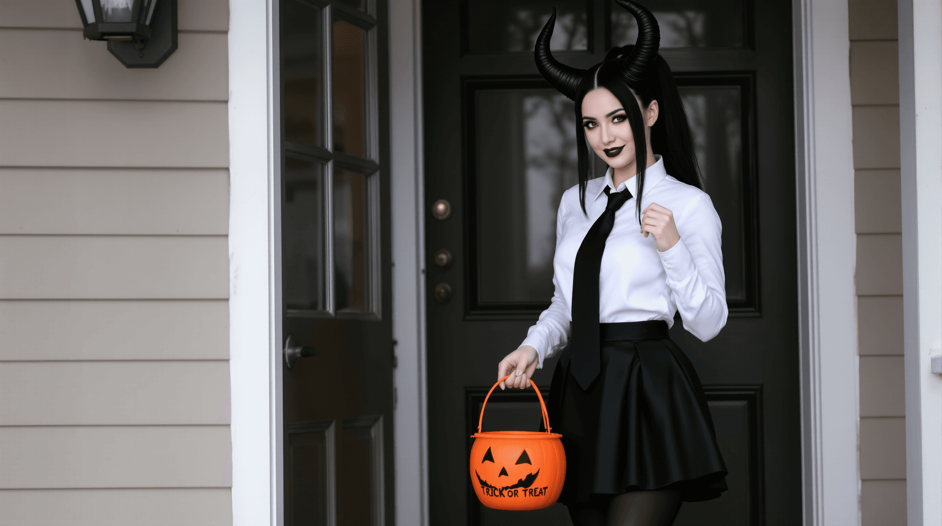 AI generated: Photo of a Halloween scene. You open the front door and see a woman in her late 20, standing outside...