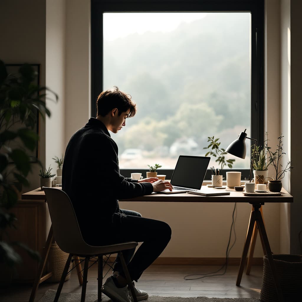 AI generated: modern, minimalist workspace, focused designer korea hansome young man silhouete at a woodstyle desk...