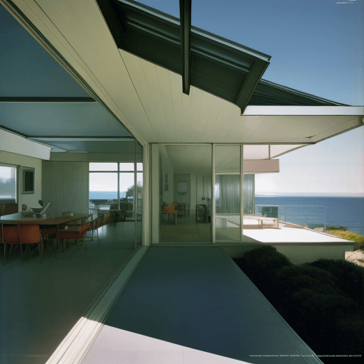 AI generated: Hyper realistic eye level exterior photo of a mid century modern style house overlooking the ocean, ...