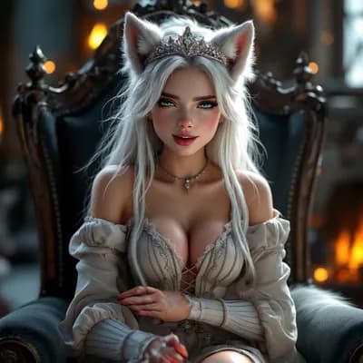 AI generated video: Crossing arms beneath chest. Wolf ears move, twitch and swivel. 