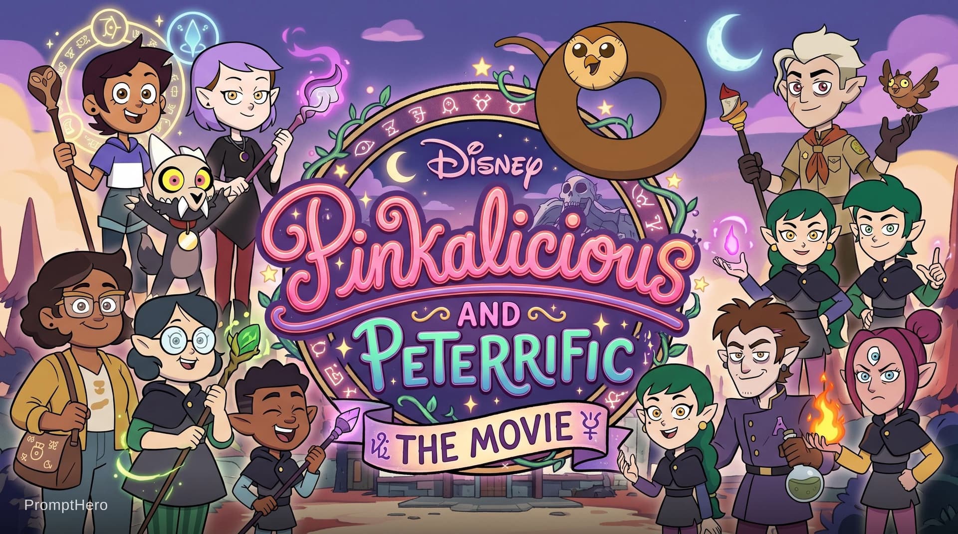 AI generated: Disney Pinkalicious and Petterrific Movie logo, featuring Luz Noceda, Camila Noceda, Amity Blight, E...