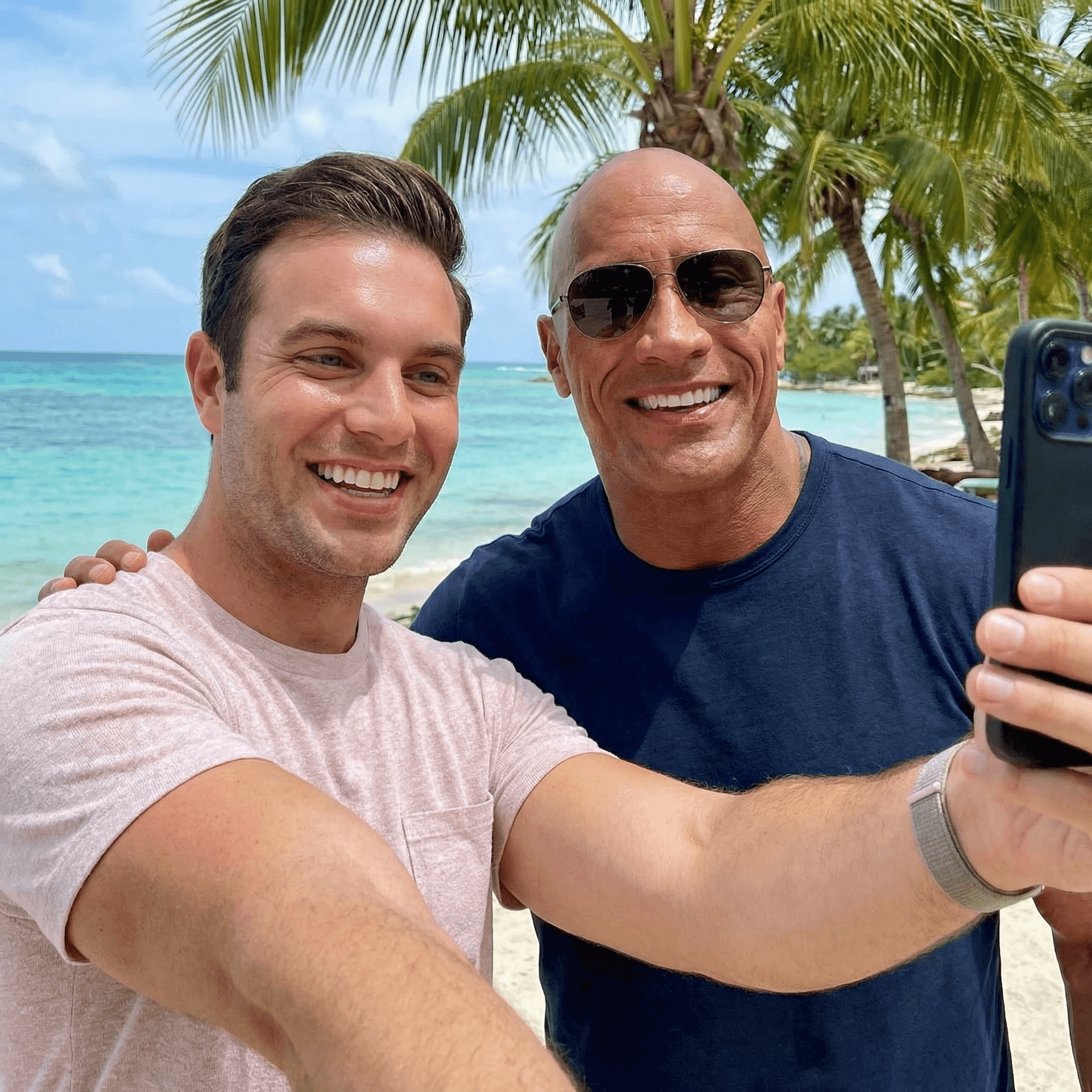 AI generated: with Dwayne Johnson at a tropical beach, sunny day, both smiling