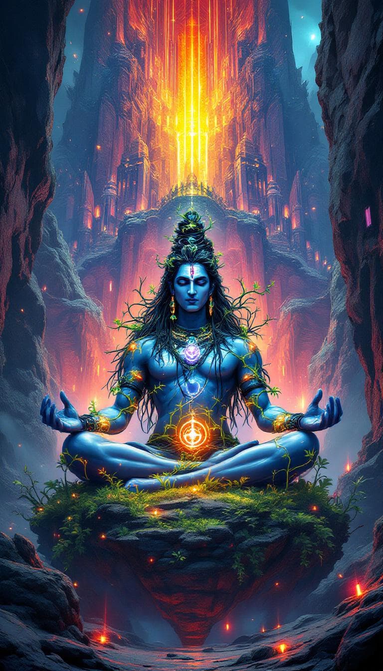 AI generated: An animated fusion character of Lord Shiva and Krishna depicted in the visionary style of Enki Bilal...