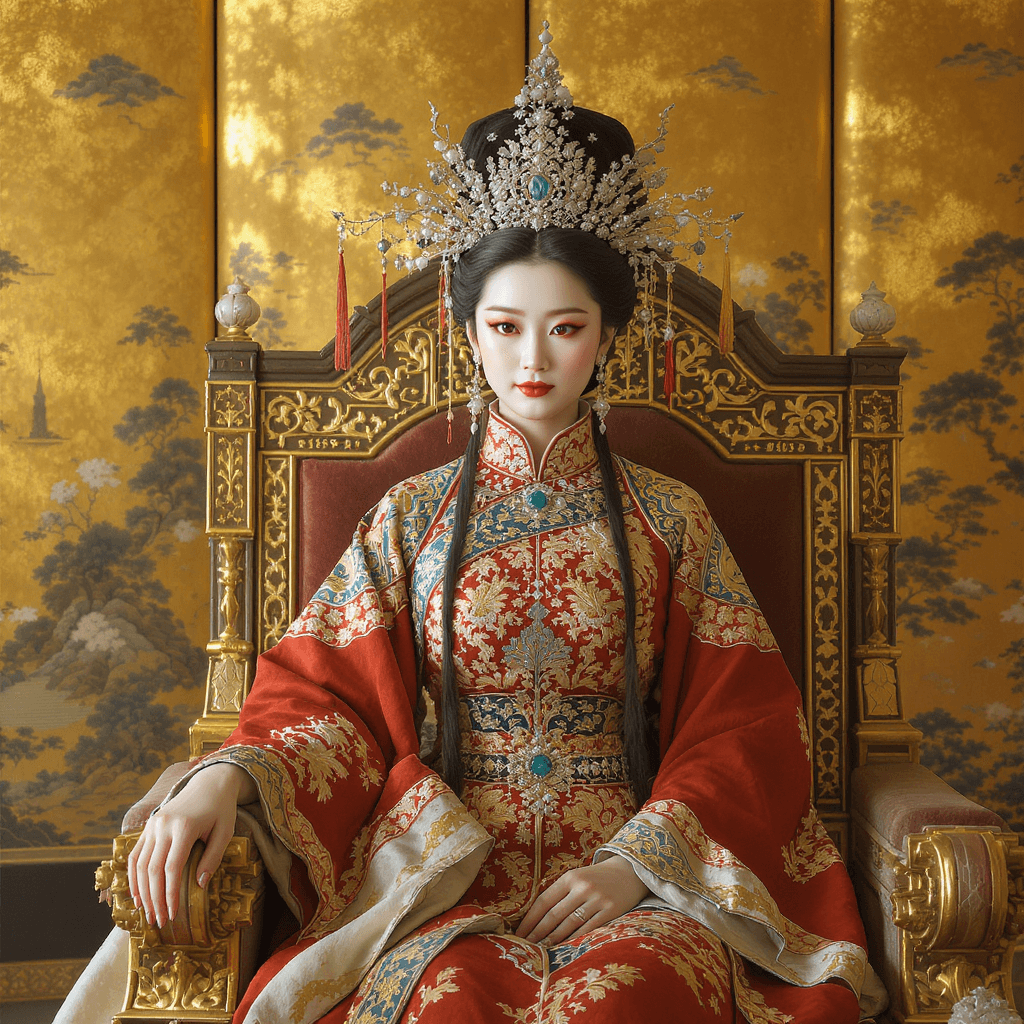 AI generated: A regal portrait of Wu Zetian, the only female emperor in Chinese history, seated on an ornate golde...