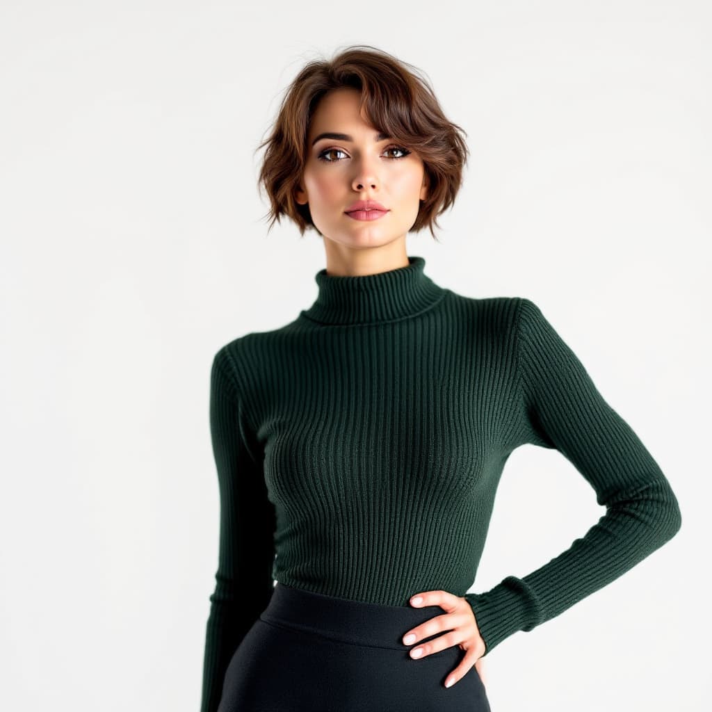 AI generated: 30 something woman with short brown hair, brown eyes, tight green sweater and mid skirt