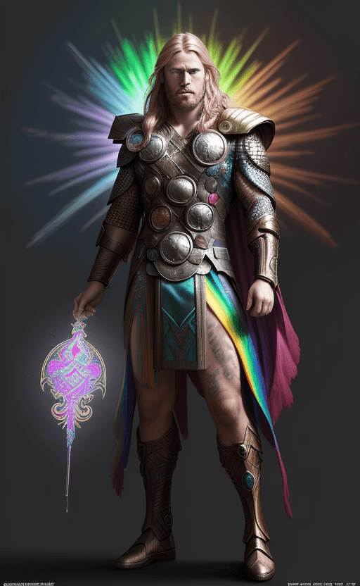 AI generated: (colorful bird posing with extreme glowing rainbow colors:1. 8), real face thor costume,(Sigma 85mm ...