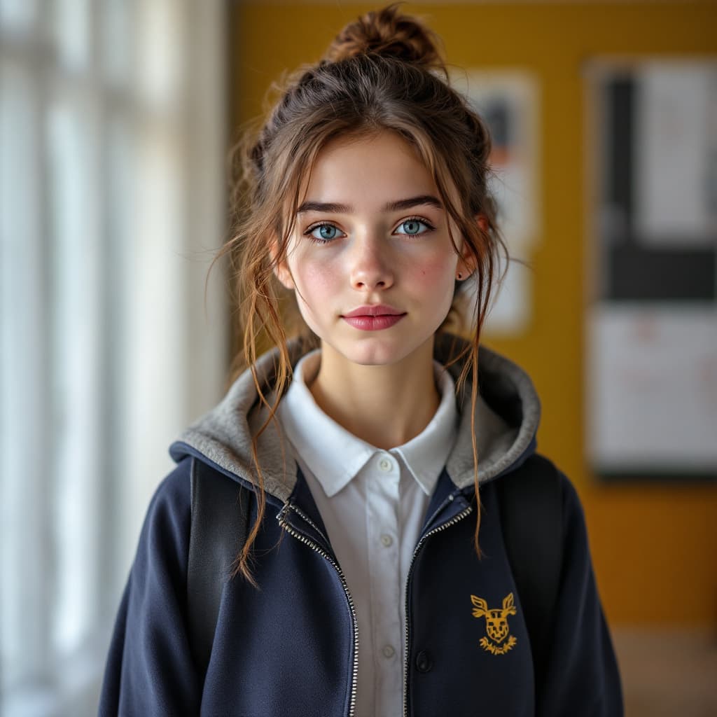 AI generated: A Norwegian Teen(17)  in high school wearing a school uniform. Realistic photograph,Real photograph,...
