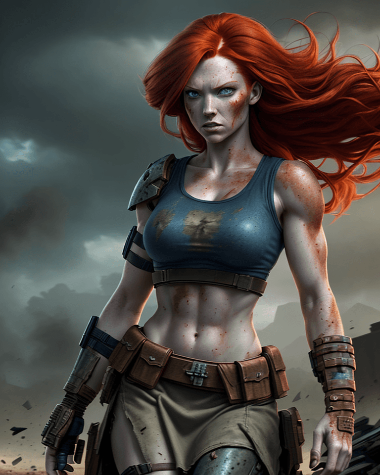 AI generated: post-apocalyptic redhead woman fighter hero, attractive, walking in a decisive way, strong, proud, d...