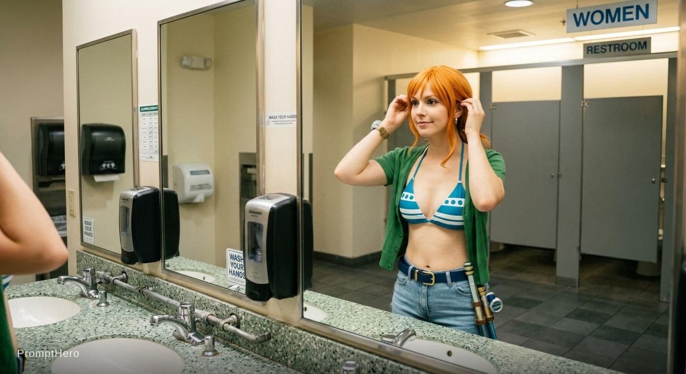 AI generated: nami \(one piece\) peeing at a public toilet