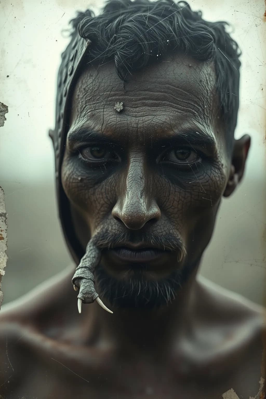 AI generated: An old scratched photo, Snail Man by Elsa Bleda.