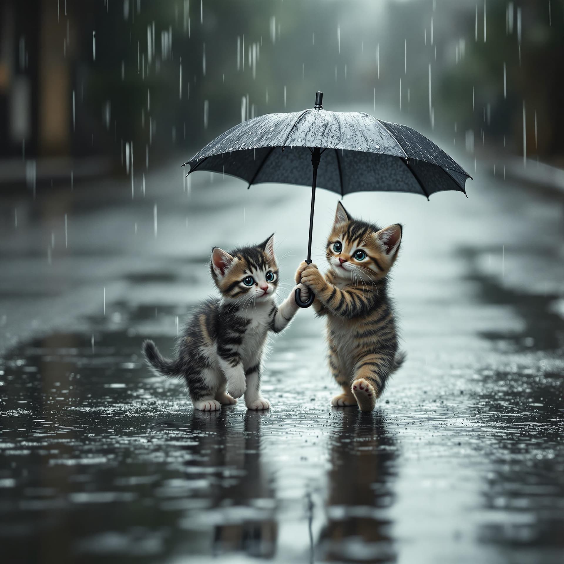 AI generated: A small, black-and-white spotted kitten walks alone in the rain, its fragile body drenched as water ...