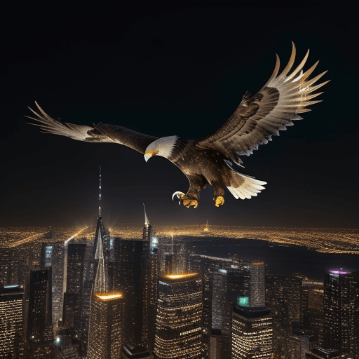 AI generated: A majestic golden eagle soaring high above the illuminated skyscrapers of a bustling metropolis at m...