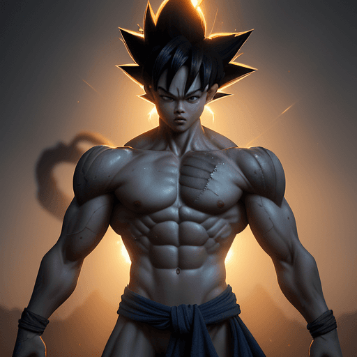 AI generated: "An extraordinary photo captures the entire skampy body of son goku, in ultra-realistic detail. Bath...
