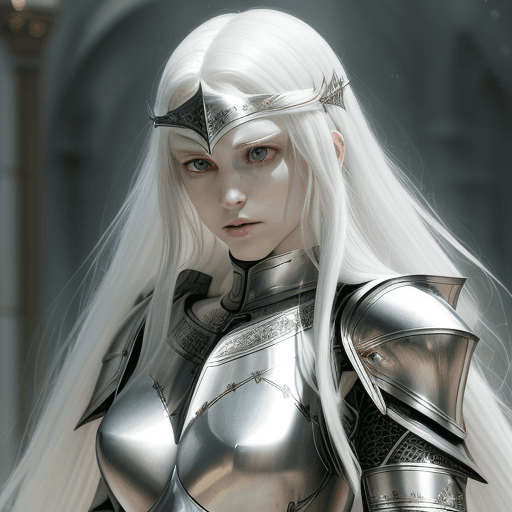 AI generated: Female knight, long white hair, pale skin, green eyes, symmetrical features, thin features, narrow f...