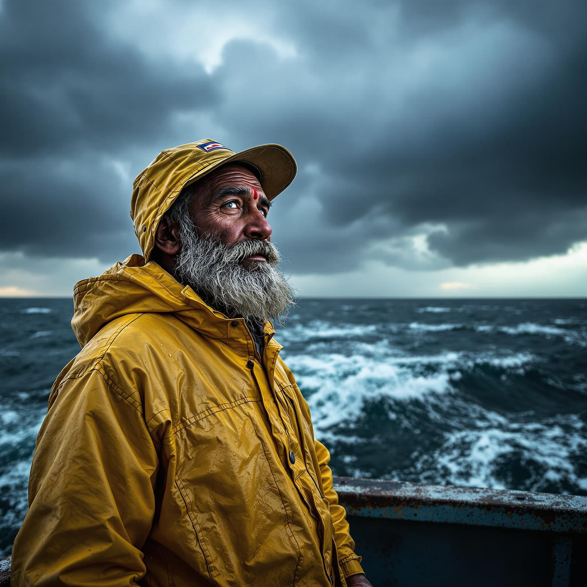 AI generated: A weathered Indian fisherman in his early 60s stands on the deck of his boat, gazing out at a stormy...