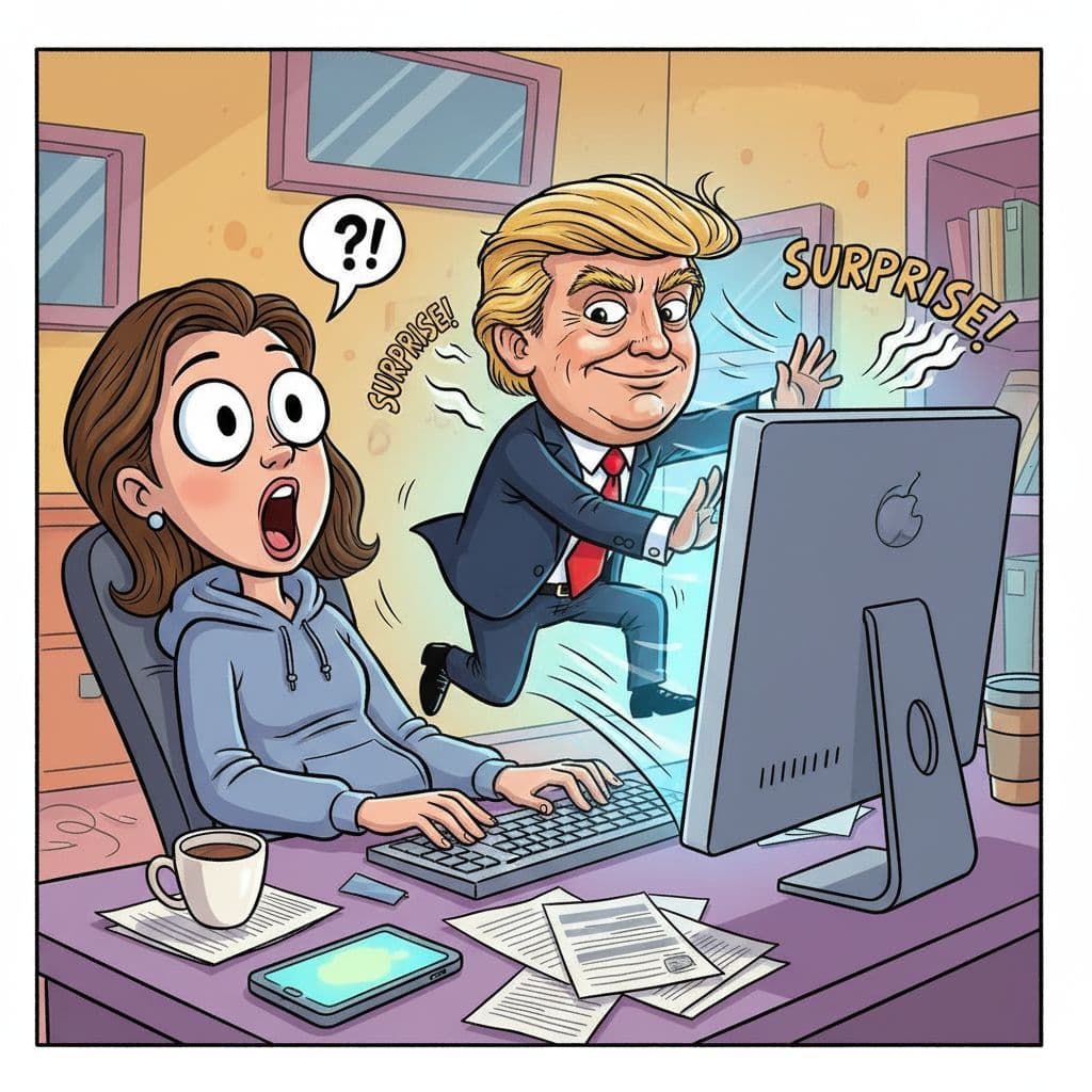 AI generated: "A digitized, cartoon-style illustration of a normal person sitting at a desk in front of a computer...