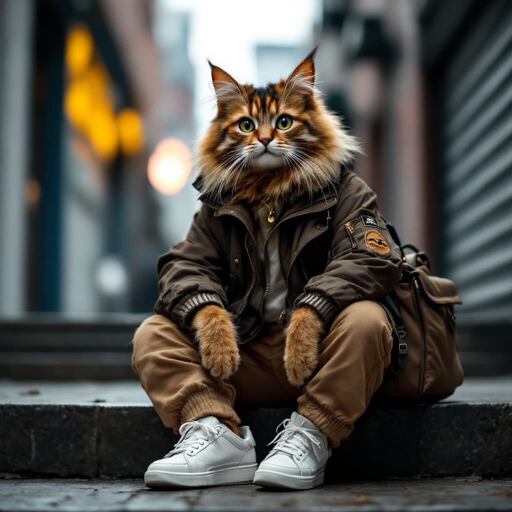 AI generated: anthropomorphic, a cat named ”street style KOL kitty” wearing dark brown flight jacket, and white sn...