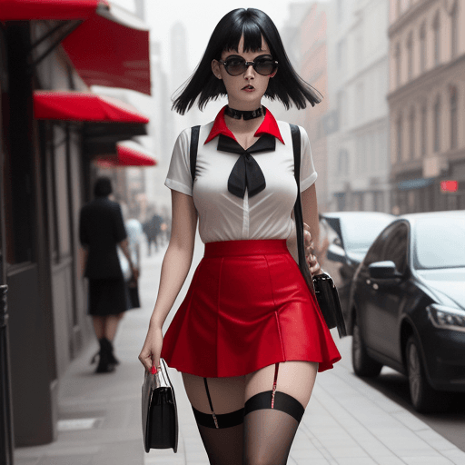 AI generated: a hot girl walking down the street , wearing a red short skirt , and shirt with underboss stockings ...