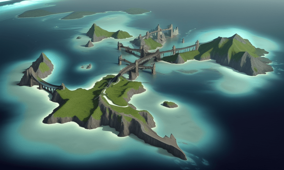AI generated: island with an unreasonable amount of bridges extending from the island to other landmasses in the i...