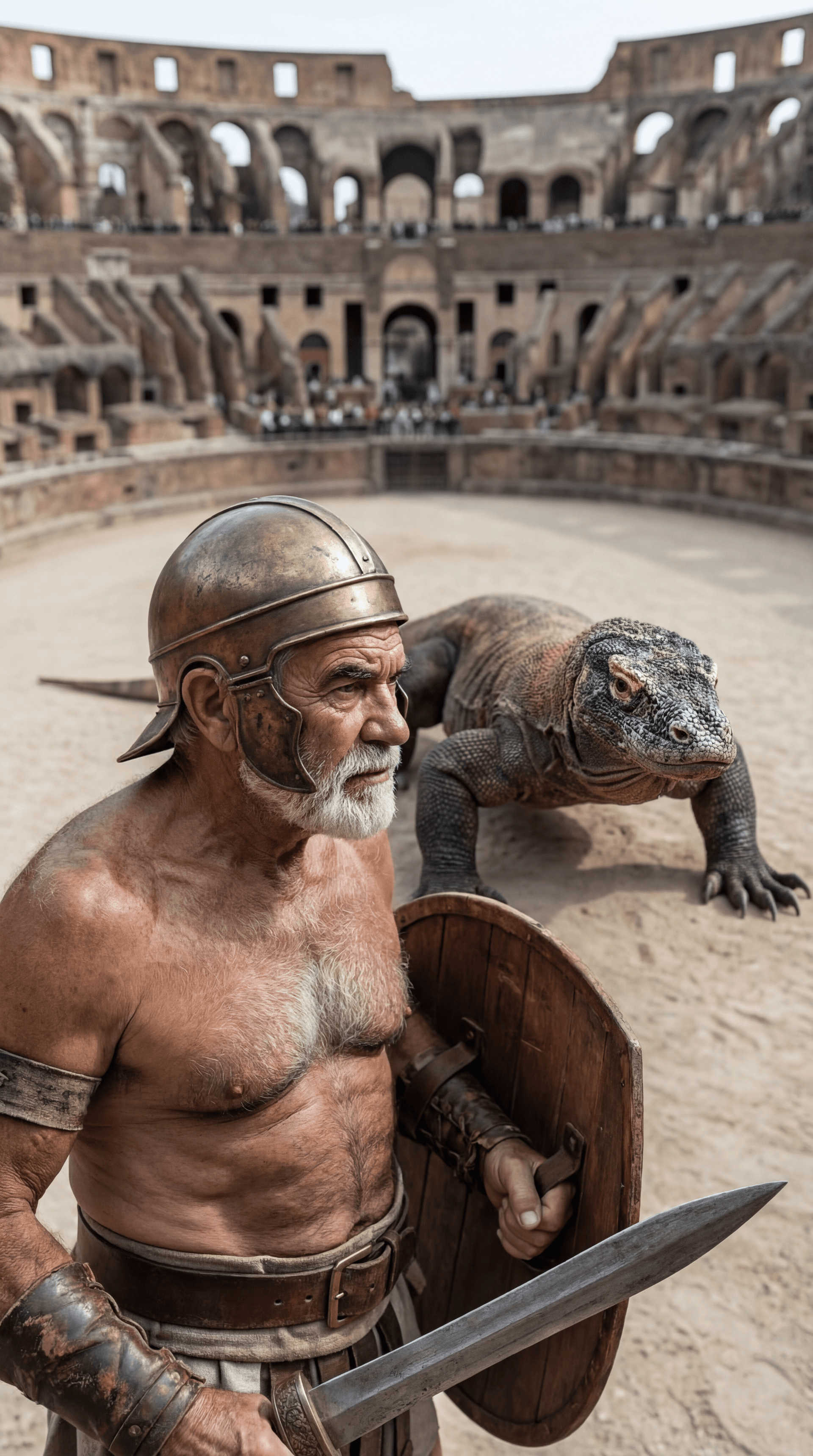 AI generated: Ultra-realistic documentary-style photography inside the Roman Colosseum.
CAMERA ANGLE: high-angle f...