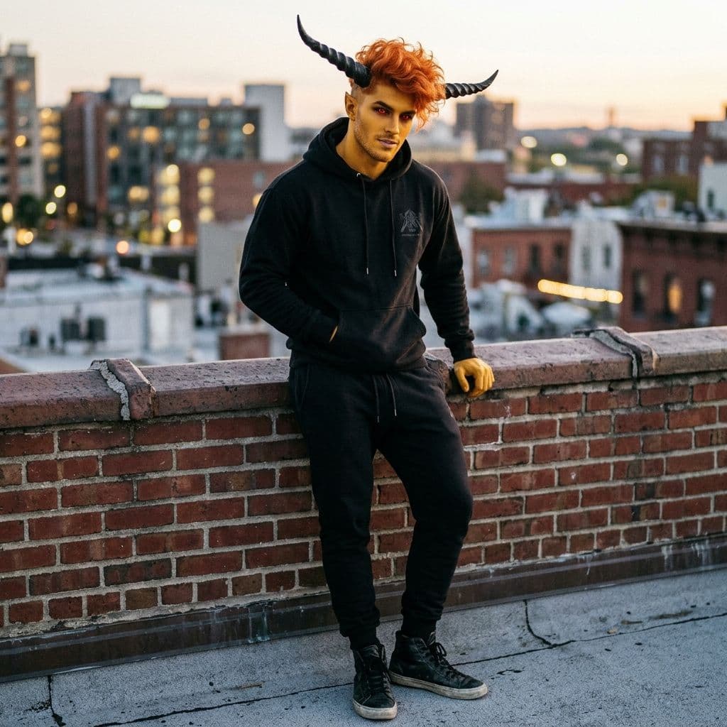 AI generated: A muscular attractive man with yellow skin and orange hair with red eyes with a black hoodies with s...